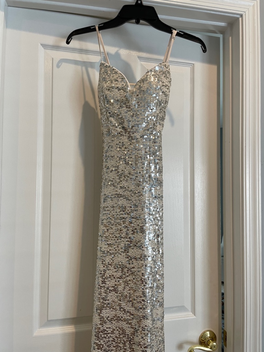 Silver Sequin Spaghetti Strap Evening Dress